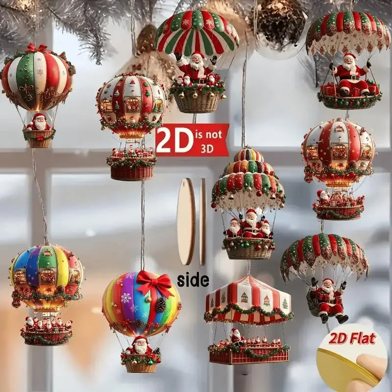 Christmas Wooden Air Balloon Santa Claus 2D Flat Pendant Tree Zpaxo