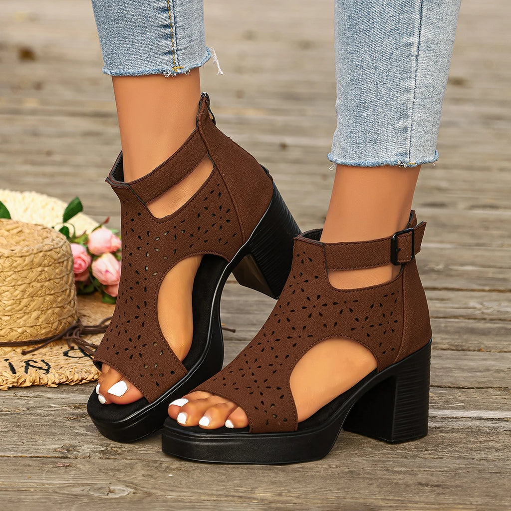 Women Sandals Roman Hollow Pumps Fashion Strap Sexy High Heel Sandals Woman Peep Toe Casual Chunky High-heeled Shoes Women Zpaxo Brown 36
