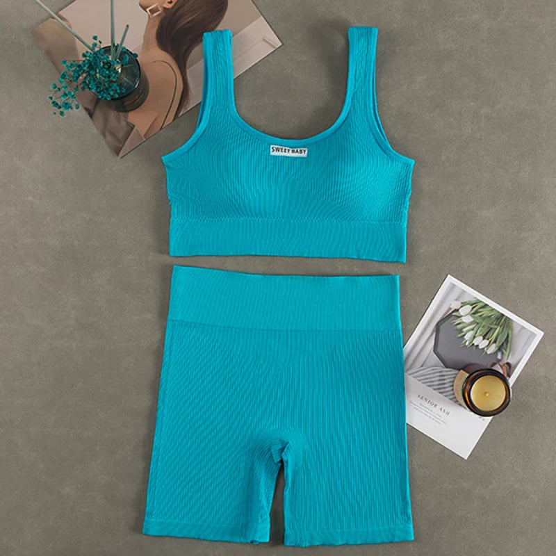 Women Seamless Yoga Set Fitness Workout Suits Sport Bra High Waist Leggings Sexy Deep-V Gym Clothing 2024 New Sportswear Zpaxo blue Uniform size