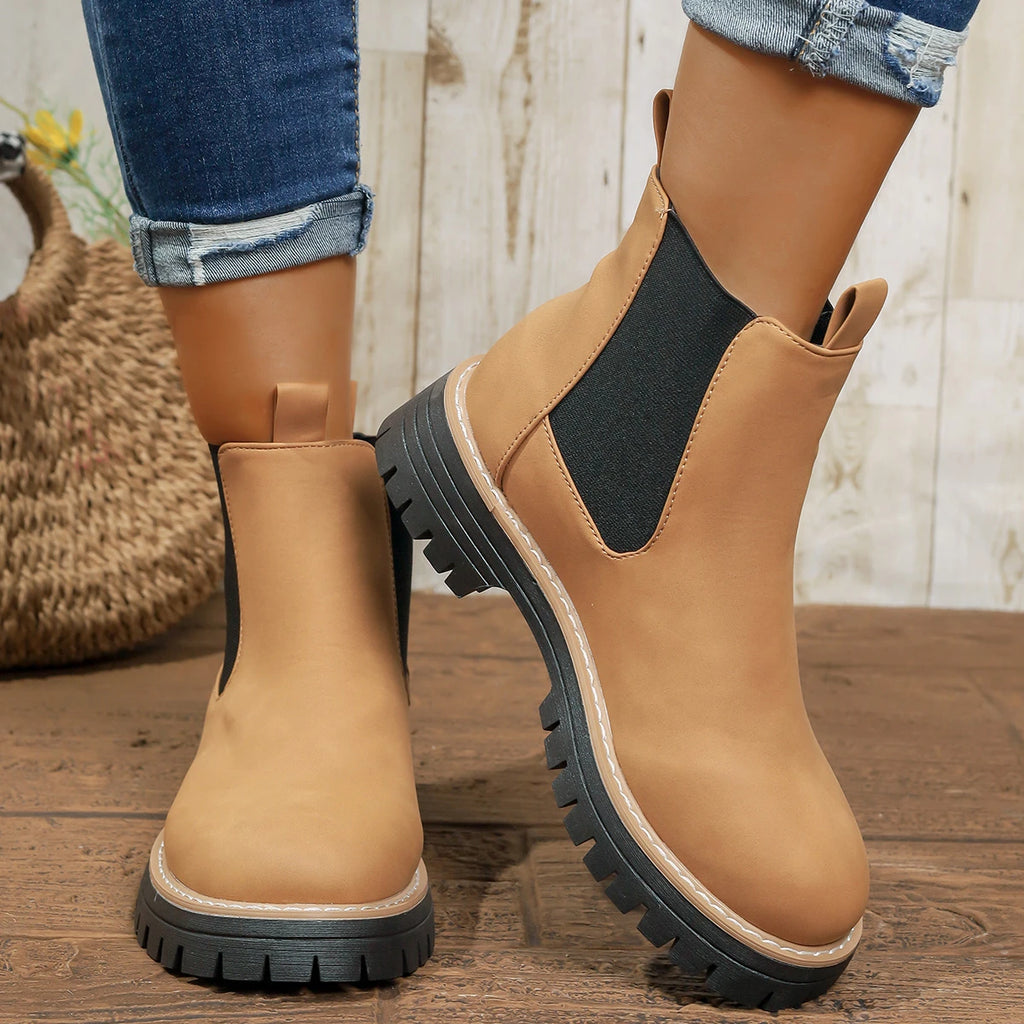 Women Ankle Boots 2025 New Slip on Platform Shoes Woman Thick Bottom Comfortable Shoes British Style Leather Chelsea Boots Women Zpaxo