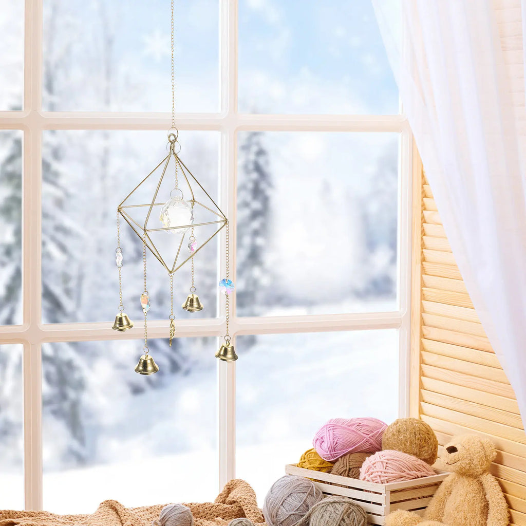 Golden Metal Bell Wind Chime Crystal Suncatcher Pendant Clear Melodic