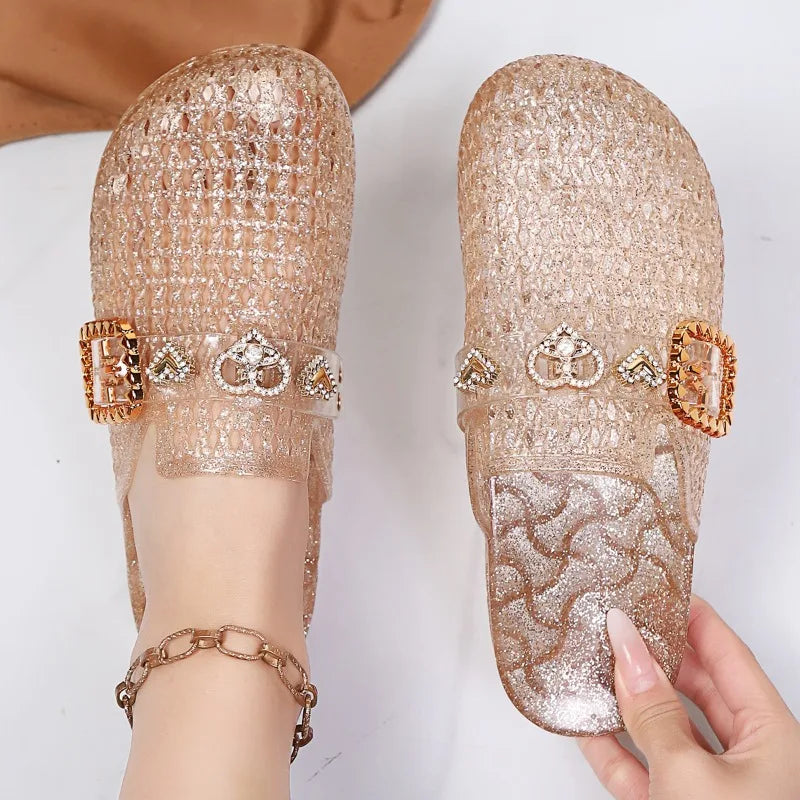 Women's Flat Transparent Closed Toe Slippers 2026 Summer Hollow Out Zpaxo Gold 40