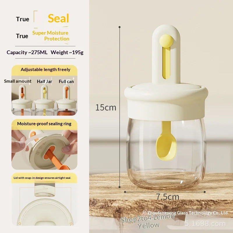 Glass Seasoning Jar with Retractable Spoon Lid | Sealed Salt Box Seasoning Jar Zpaxo 275ML Yellow