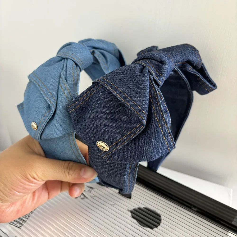 Light Luxury Denim Knotted Headband Anti-Slip Ins Bow Hairband Simple Wide-Brimmed Hair Hoop Women's Hair Accessories Zpaxo