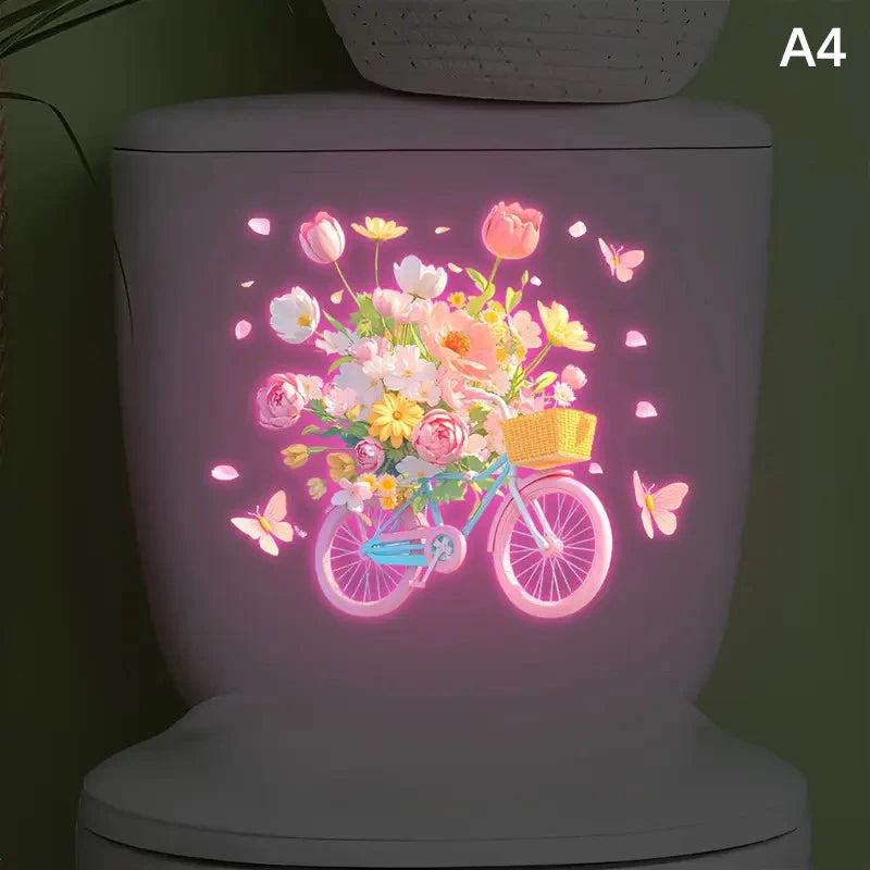 Glow-In-The-Dark Lotus Dahlia Bicycle Flower Toilet Stickers Self-Adhesive Removable UV Night Decal Wall Stickers Bathroom Decor Zpaxo A4