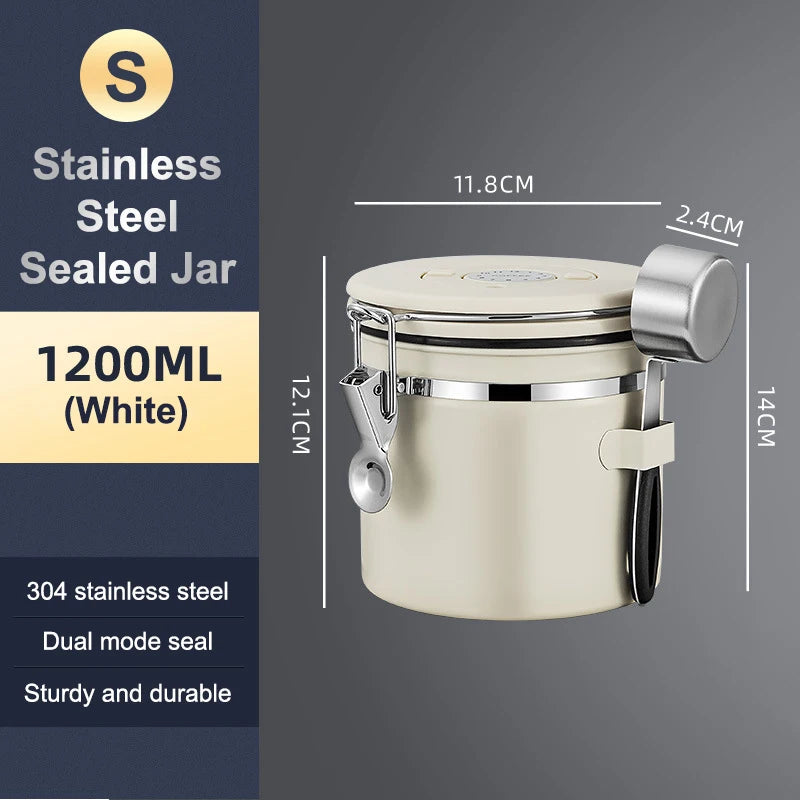 1.2 1.5 1.8L Coffee Bean Jar Airtight Canister Sealed Stainless Steel With Spoon One Way Valve Cannister Coffee Storage Kitchen Zpaxo 1200ml White