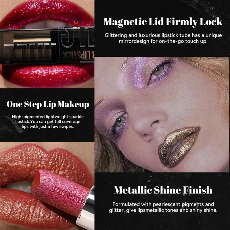 6 Color Glitter Lipstick Flash Lasting Easy Color Diamond Lipstick Waterproof Moisturizing Metallic Pearlescent Sexy Lips Makeup Zpaxo
