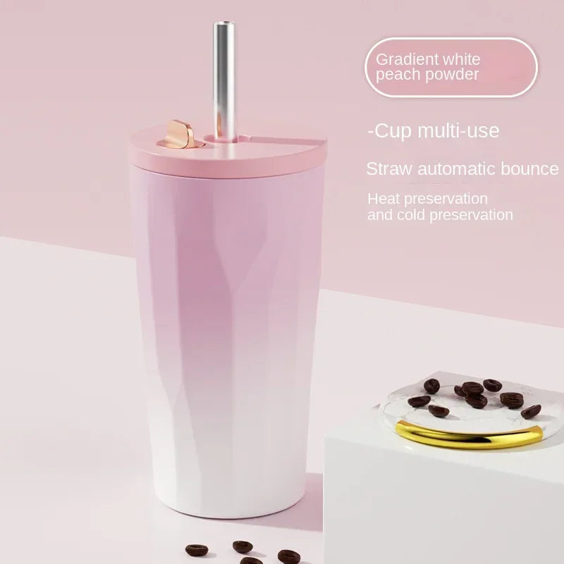 New 600ml Fashion Gradient Coffee Cup Portable Stainless Steel Water Cup with Straw Heat and Cold Insulation Coffee Gift Cup LIY Zpaxo Pink 600ML