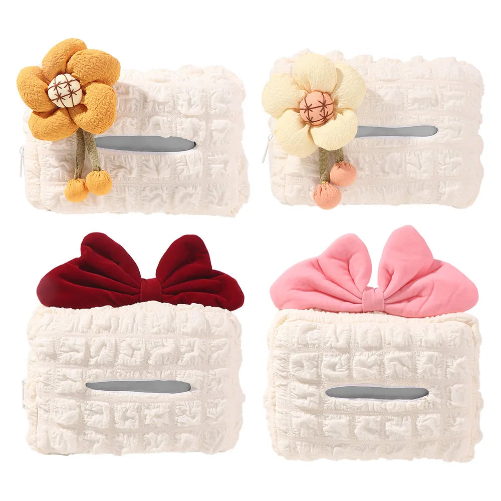 Puff Grid Flower Car Tissue Box Bow Soft Hanging Napkin Holder Zpaxo