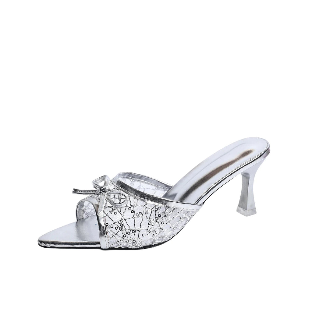 Bowknot Mesh Slippers Women's Shiny Designer Peep Toe Breathable Zpaxo Silver 37