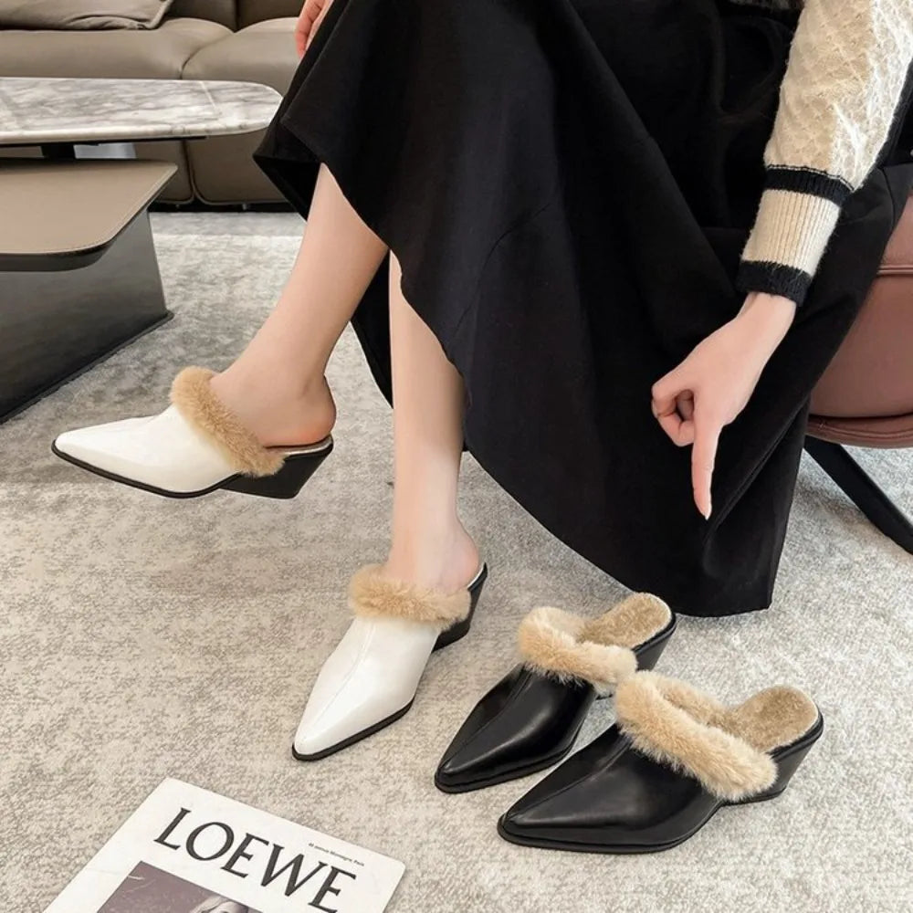 Non-slip Women 2025 Winter Baotou Half Slippers Block Heel Pointed