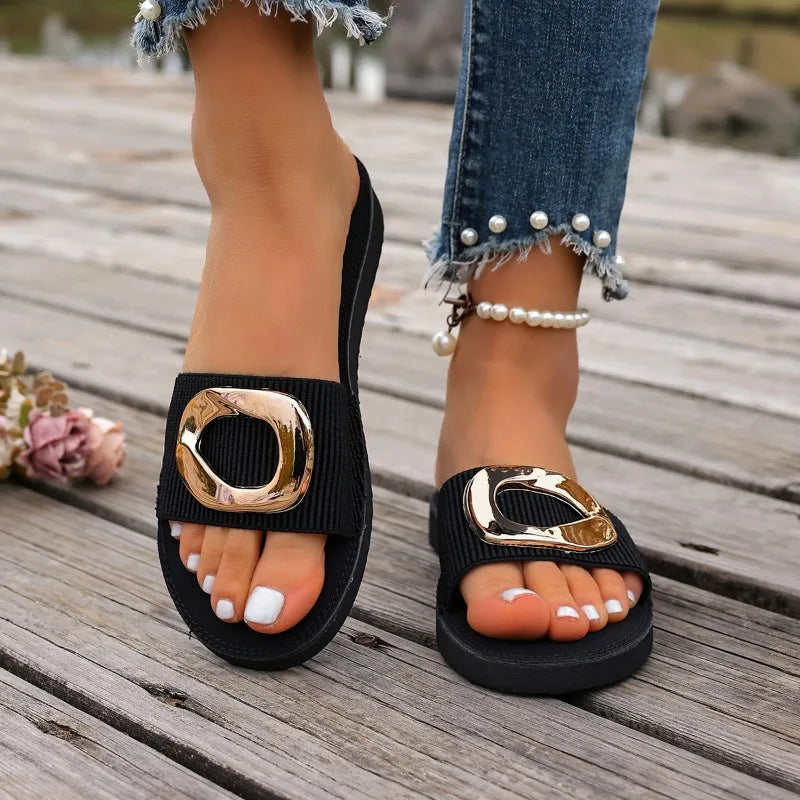 Women's Summer Fish Mouth Open Toe Metal Buckle Embellishment Zpaxo