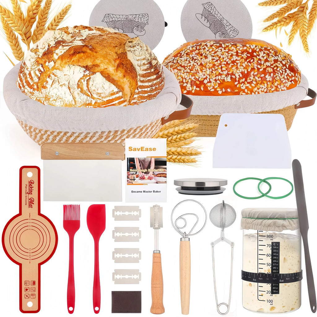 Sourdough Bread Baking Supplies Kit, 2 Pcs Banneton Proofing Baskets with Linen Liner, Complete Bread Making Tools Set with Doug Zpaxo MBL 0001