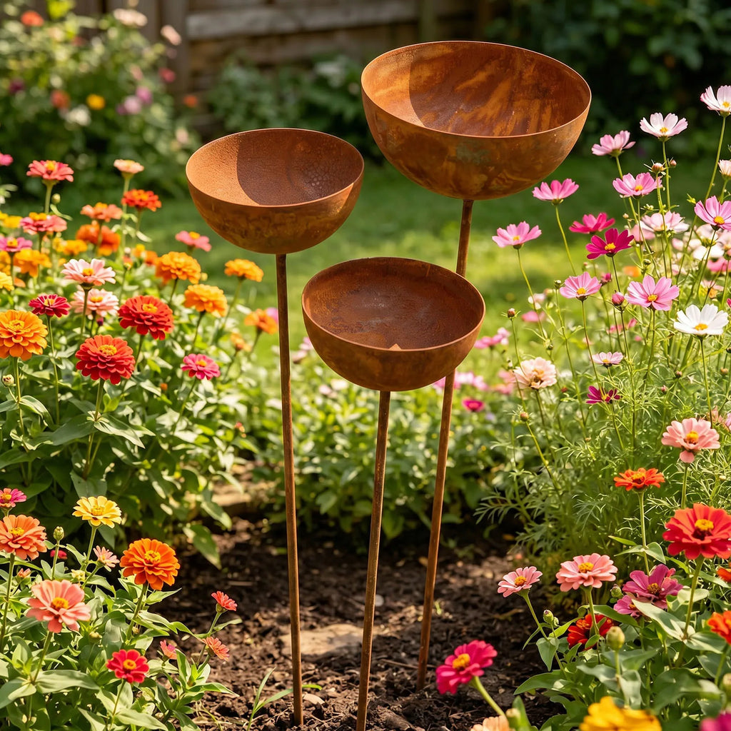 Rusty Adjustable Metal Bird Feeder Ground Stake Rain Catcher Baths