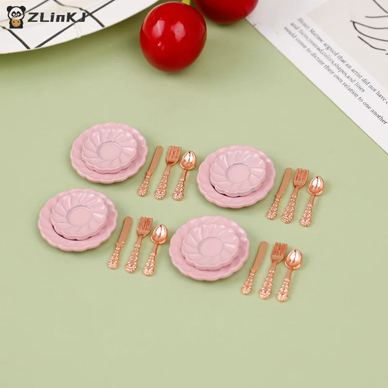 ▶1:12 Dollhouse Decor Toy with Utensils (Knife Fork Spoon Plate Set )-Kitchen Furniture Scene Model & Miniature Decorative Gift Zpaxo