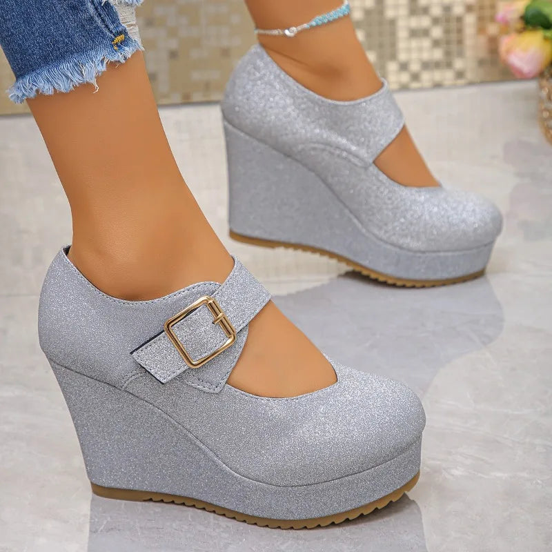 Heels Women's Fashion Wedges Buckle Strap Single Shoes 2026 Spring Zpaxo Silver 43