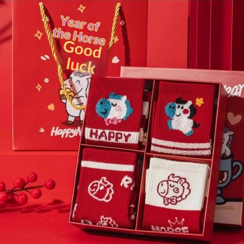 Cute Cartoon Zodiac Year Horse Autumn Winter Warm Mid-tube Socks Red Zpaxo