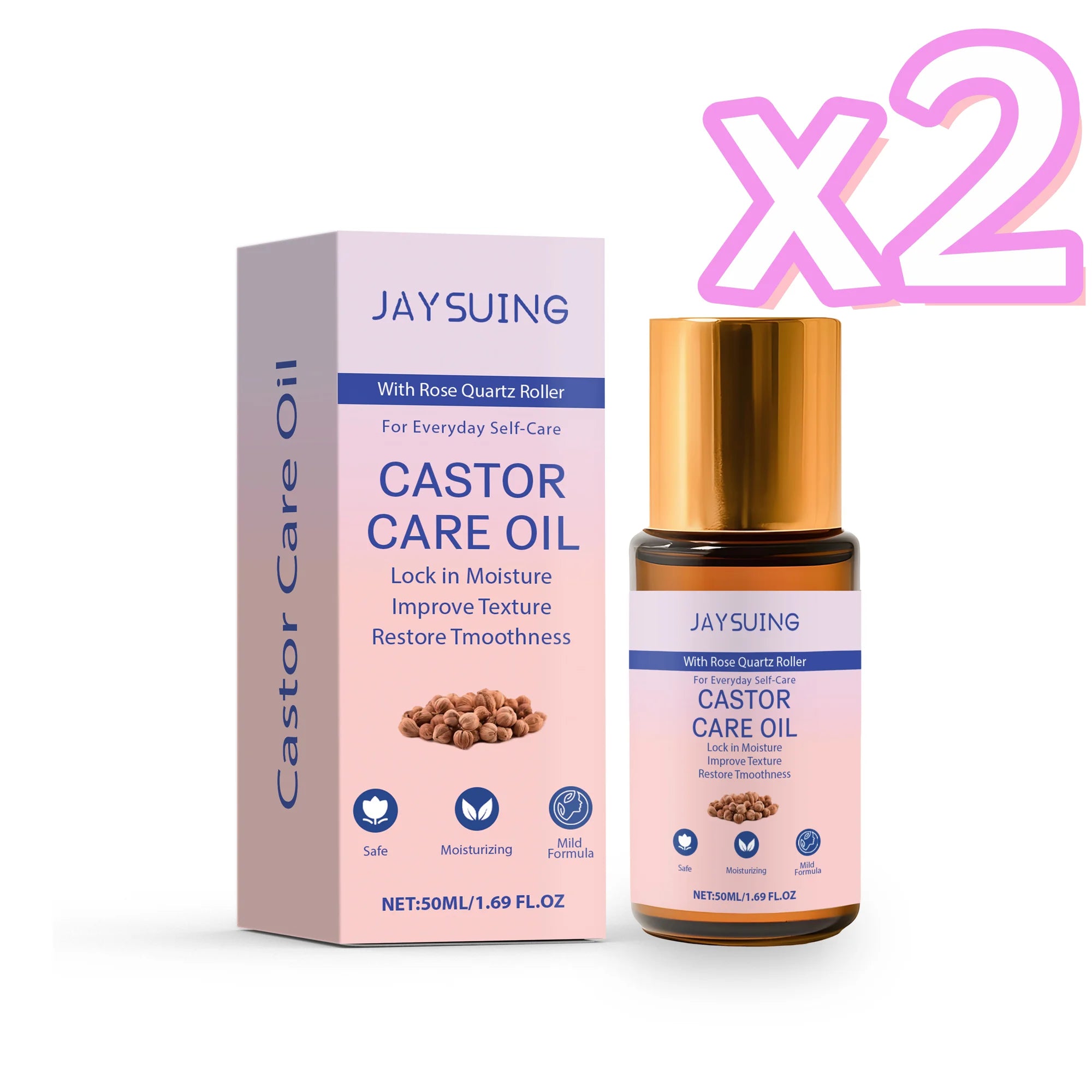 Organic Castor Oil Rose Quartz Roller – Skin & Hair Care Castor Oil Roller Zpaxo 50ml boxed x 2