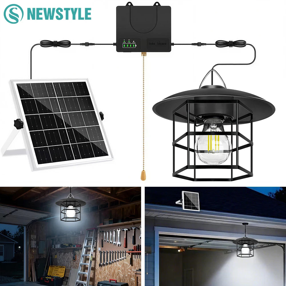 Indoor Outdoor LED Solar Pendant Light with Battery Level Display IP65 Waterproof Pull Chain Switch Solar Powered Barn Lights Zpaxo