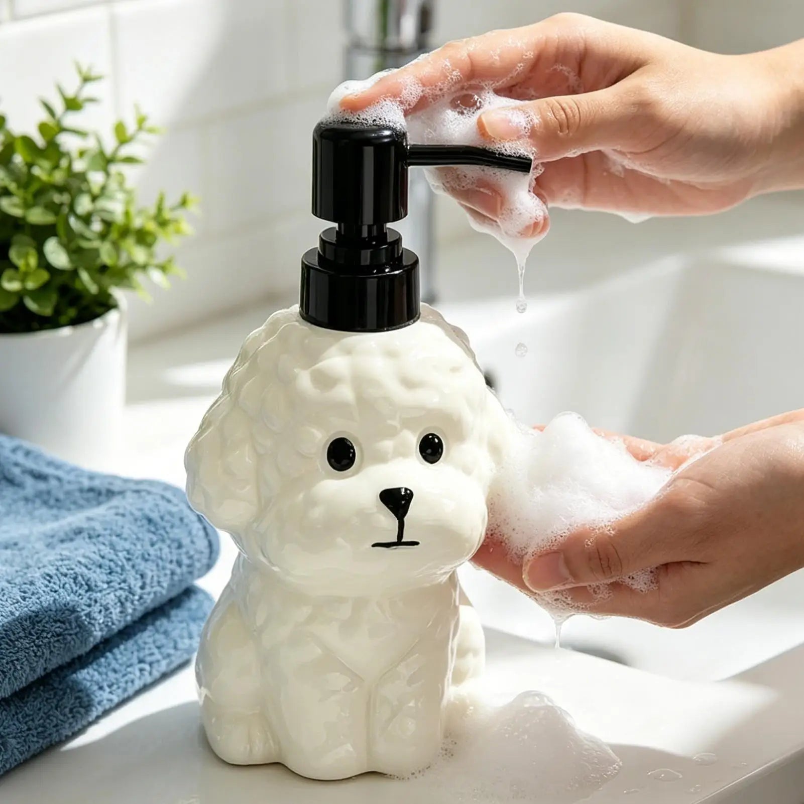 Soap Dispenser Dog Shape Ceramic Refillable Liquid Lotion Container