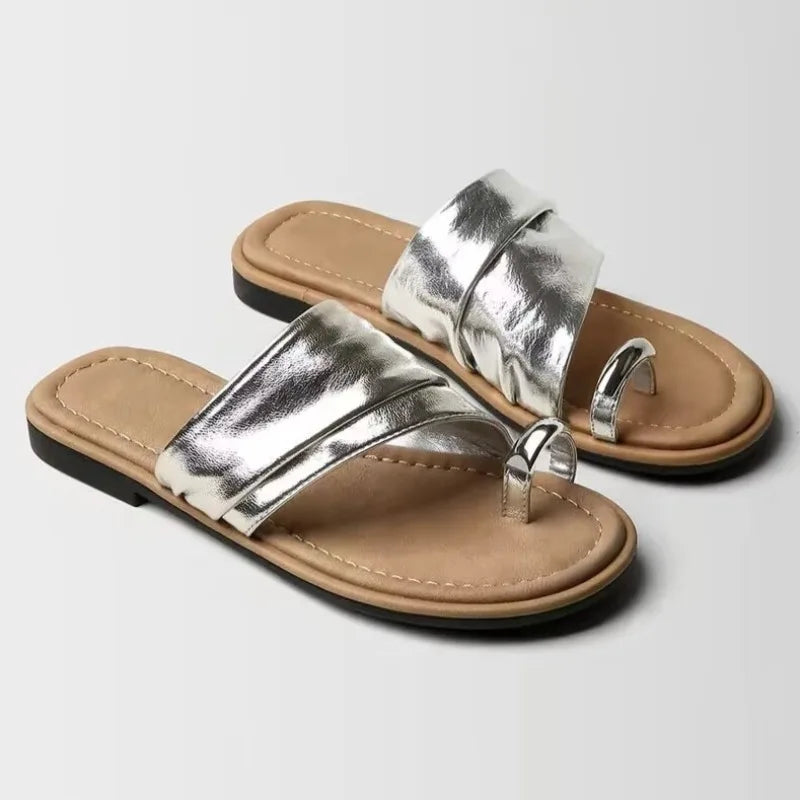 Women's Round Toe Loop Metal Buckle Embellishment Slippers Women Zpaxo