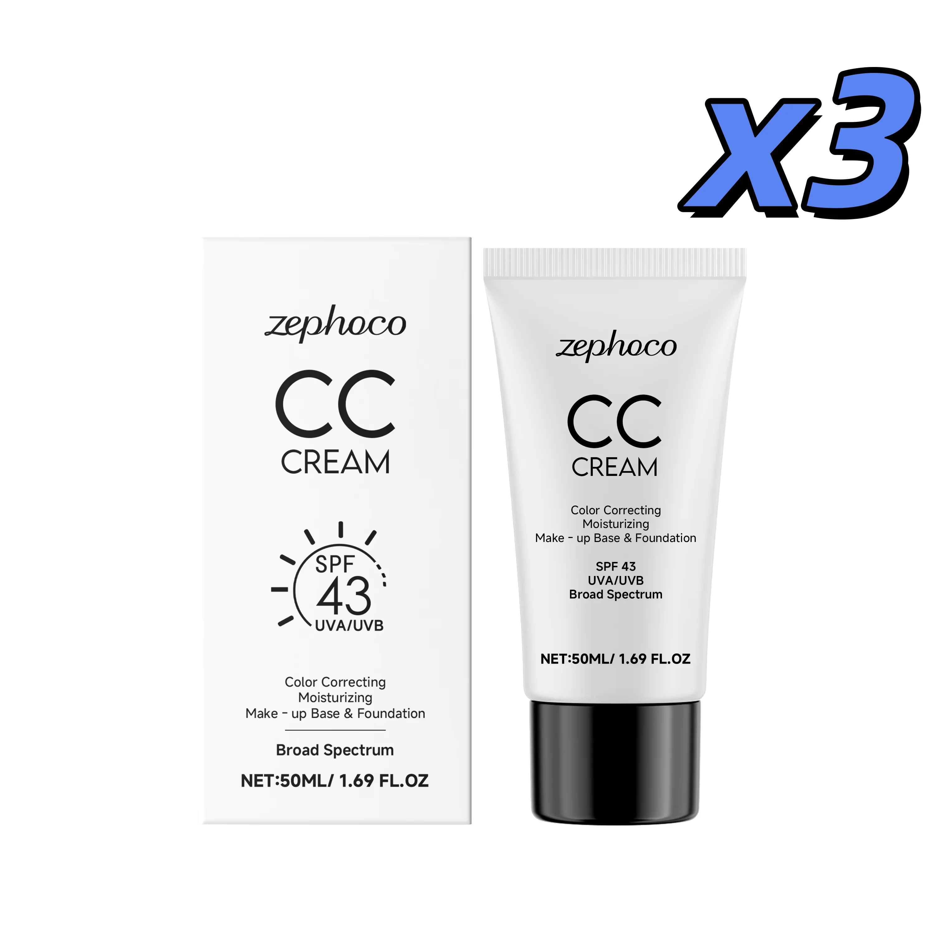Zephoco CC Cream SPF 43 Hydrating Foundation – Even Skin Tone CC Cream Foundation Zpaxo 50ml X 3pcs