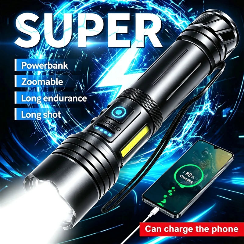 Rechargeable LED Flashlight & Power Bank – Zoom, 7 Modes, COB LED Tactical Flashlight Zpaxo