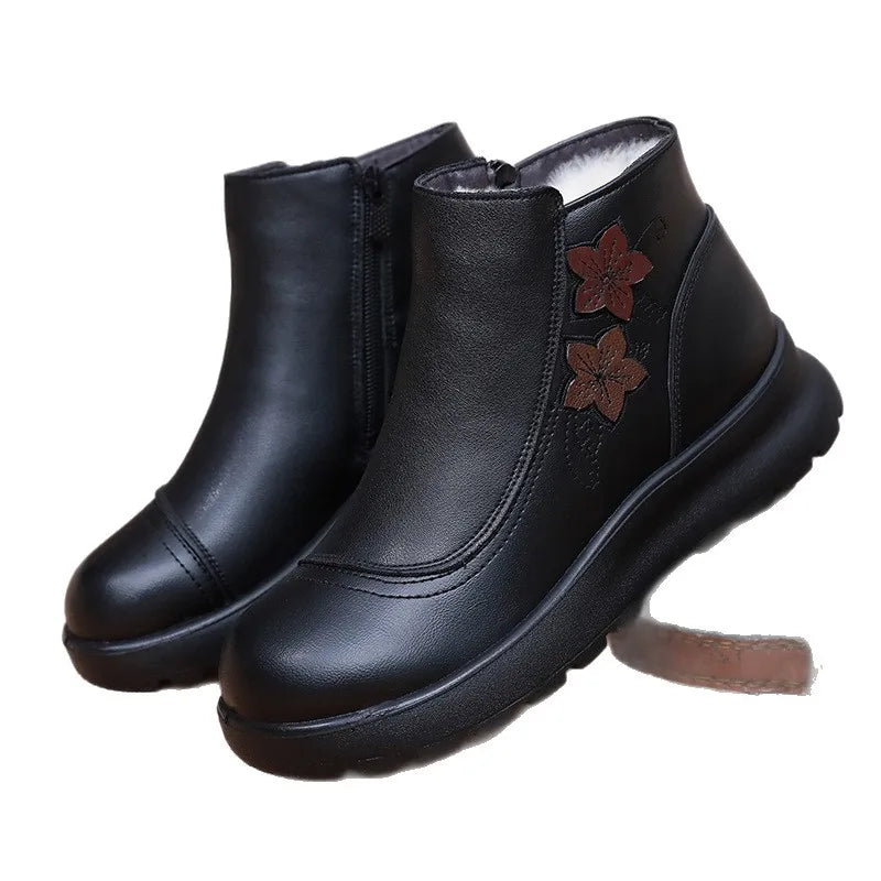 Black Leather Winter Ankle Boots Women Faux Fur Lining Floral Zpaxo