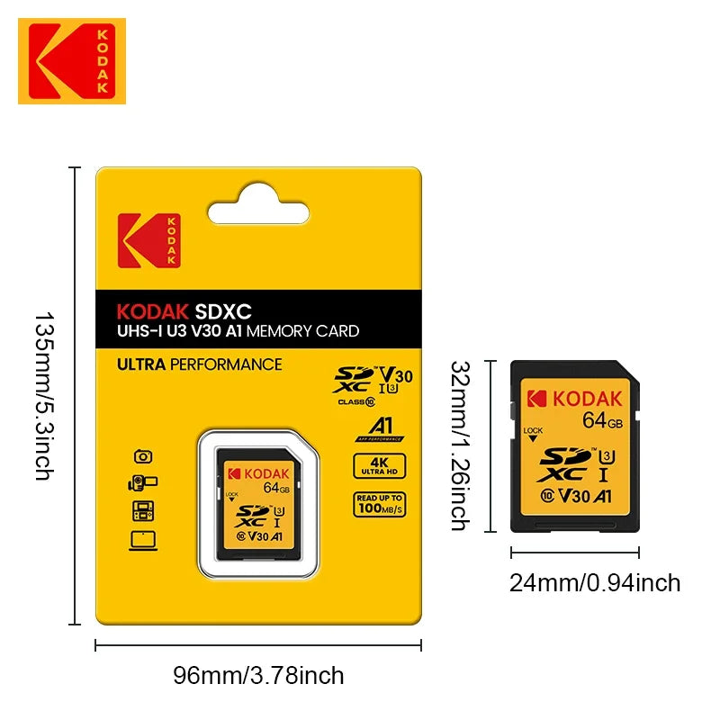 KODAK SD Card for Camera High Speed 100MB/s C10 Memory Card 32GB 64GB 128GB 256GB SDXC A1 U3 V30 UHS-I sdcards for 4K HD SLR DV Zpaxo