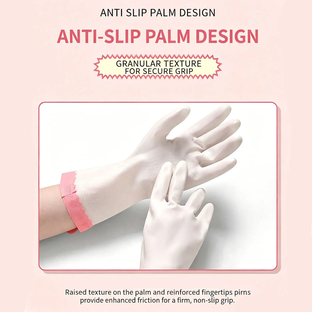 1Pair PVC Reusable Dishwashing Gloves,White Bunny Ear Lace Kitchen Gloves for Washing Dishes, 12in Long Cuff, Non-Slip Zpaxo