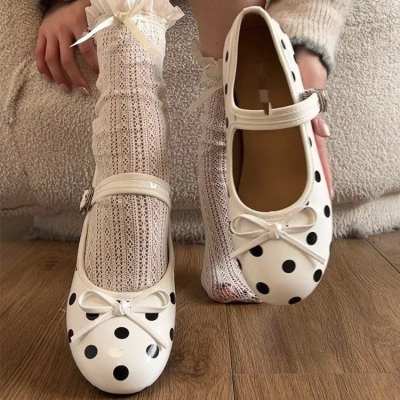 Women Flats Fashion Polka Dot Bow Decor Design Shoes 2026 Solid Round