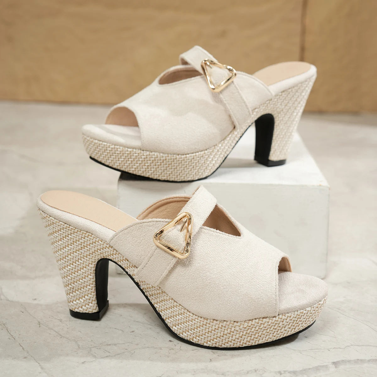 Summer Wedge Women Thick Heeled Sandals V-shaped Split Slim Fit Zpaxo Beige 38
