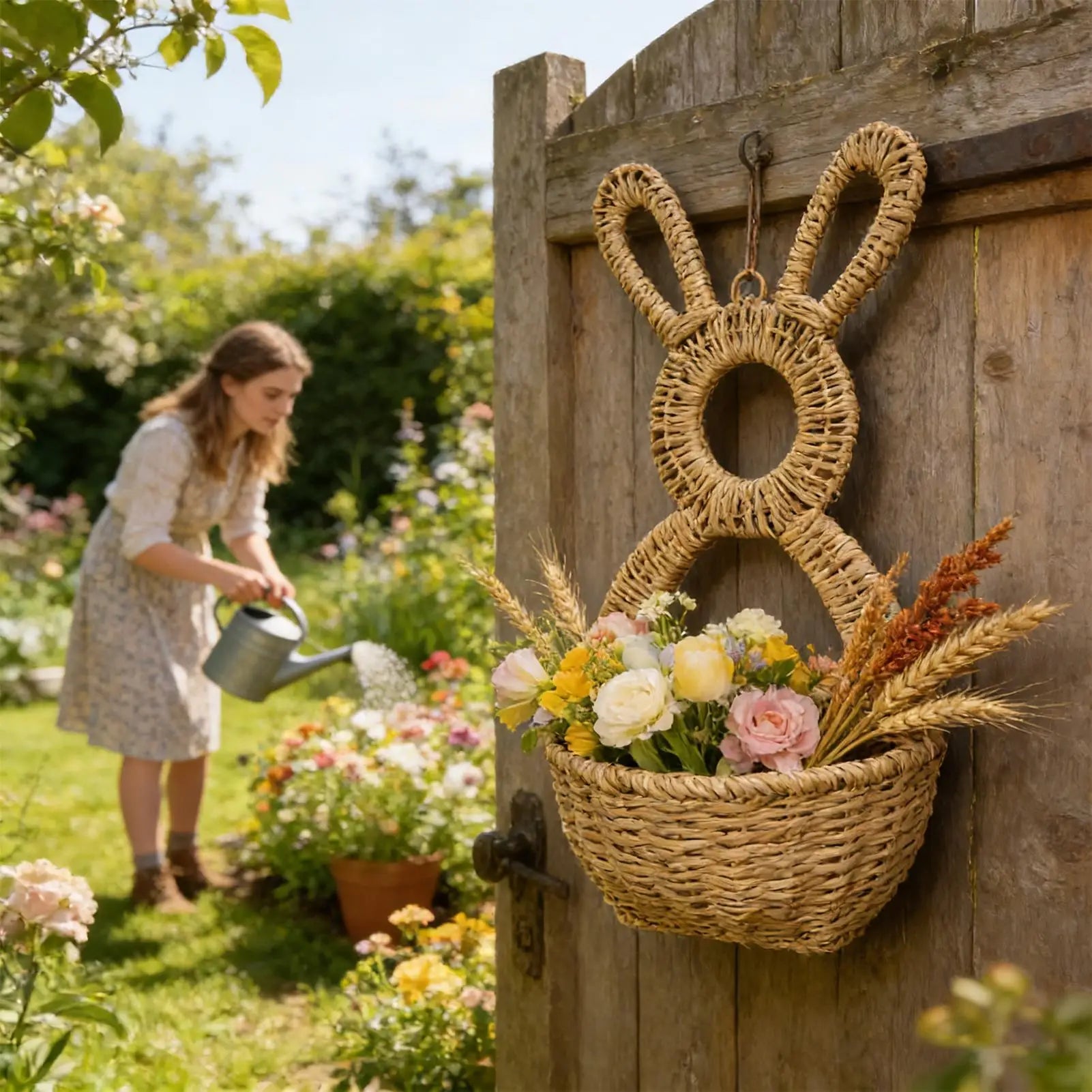 Rattan Woven Easter Bunny Wall Basket Pocket Decor Handmade Rabbit