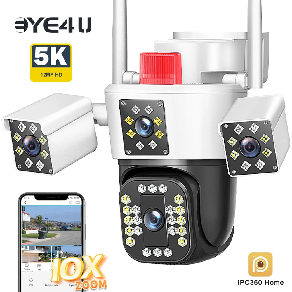 6K 12MP WiFi Camera Outdoor 10X Zoom Three Lens Three Screens PTZ Security Cam Auto Tracking CCTV Video Surveillance IP Cameras Zpaxo