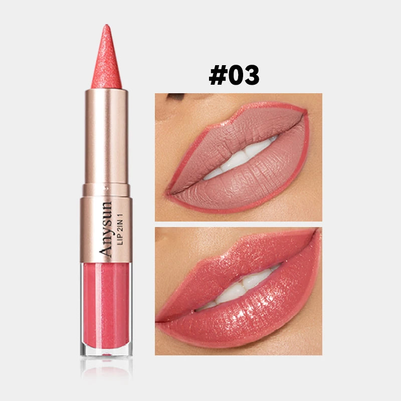 Double Head 2-in-1 Lip Liner+lip Gloss Waterproof Durable Fine Shiny