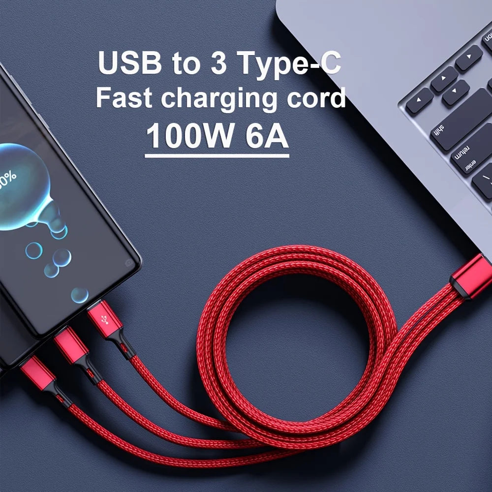 3-in-1 USB-C Cable 100W 6A Fast Charging Quick Charge Cord USB Charging Cable Zpaxo
