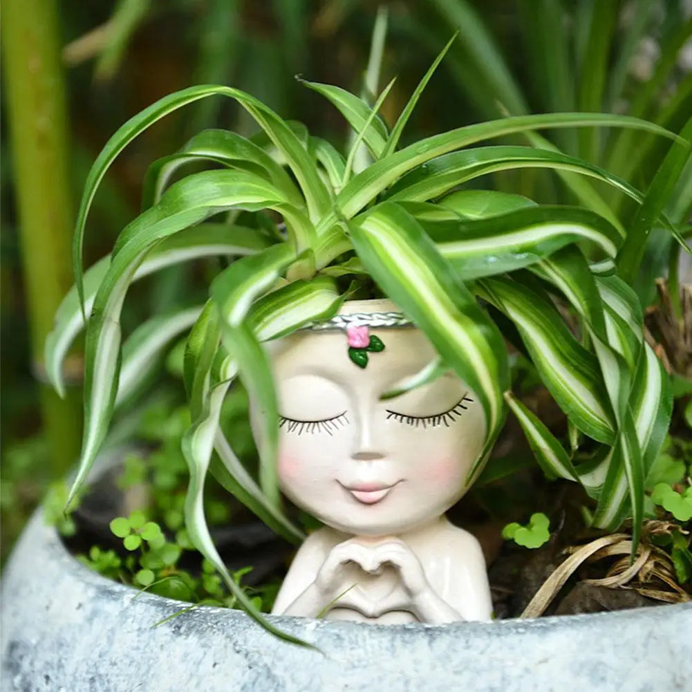 Resin Girl Face Planter with Drainage – Cute Succulent Pot Decorative Face Planter Zpaxo