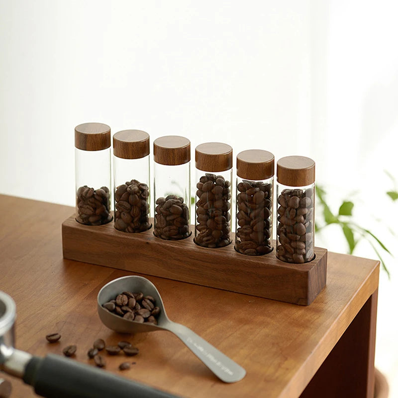 Bottled Tubes Grain Storage Wooden Sealed Canisters Barista Tool Gift Coffee Beans Storage Container Glass Tube With Wood Tool Zpaxo