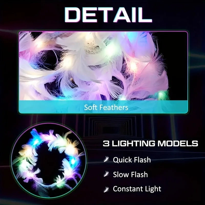 LED Feather Wreath Crown Headband Light Up Luminous Headdress Perfect