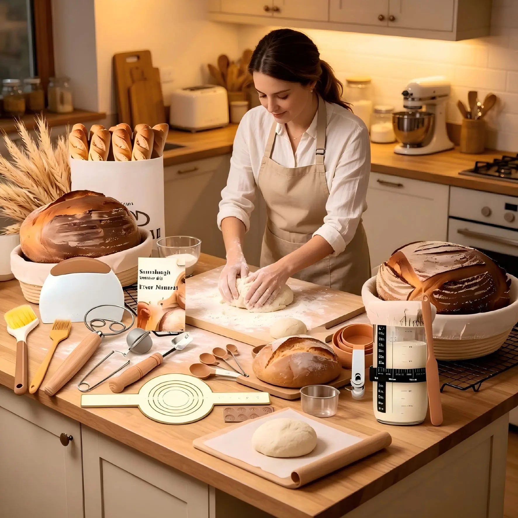 Complete Sourdough Starter Kit 2Pcs Round Banneton Baskets Dough Scoring Lame Silicone Baking Mat Measuring Spoons Bread Baking Zpaxo