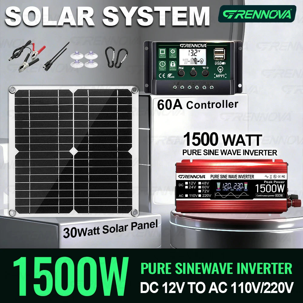 Grennova 1500W Off-Grid Pure Sine Solar Complete Set 30W Panel + Inverter + 60A MPPT Controller Real Power Emergency Home Backup Zpaxo