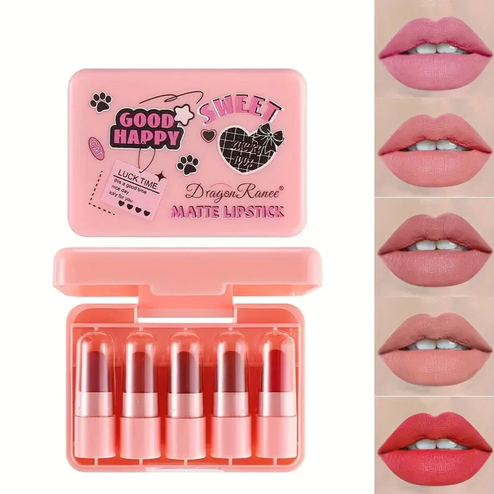 Five-Piece Lipstick Set with Long-Lasting Effect, Brightening and Complexion-Enhancing, Autumn and Winter Matte Velvet Finish, Non-Fading, Non-Stick Cup Lipstick Set Zpaxo Dr108 Full Size