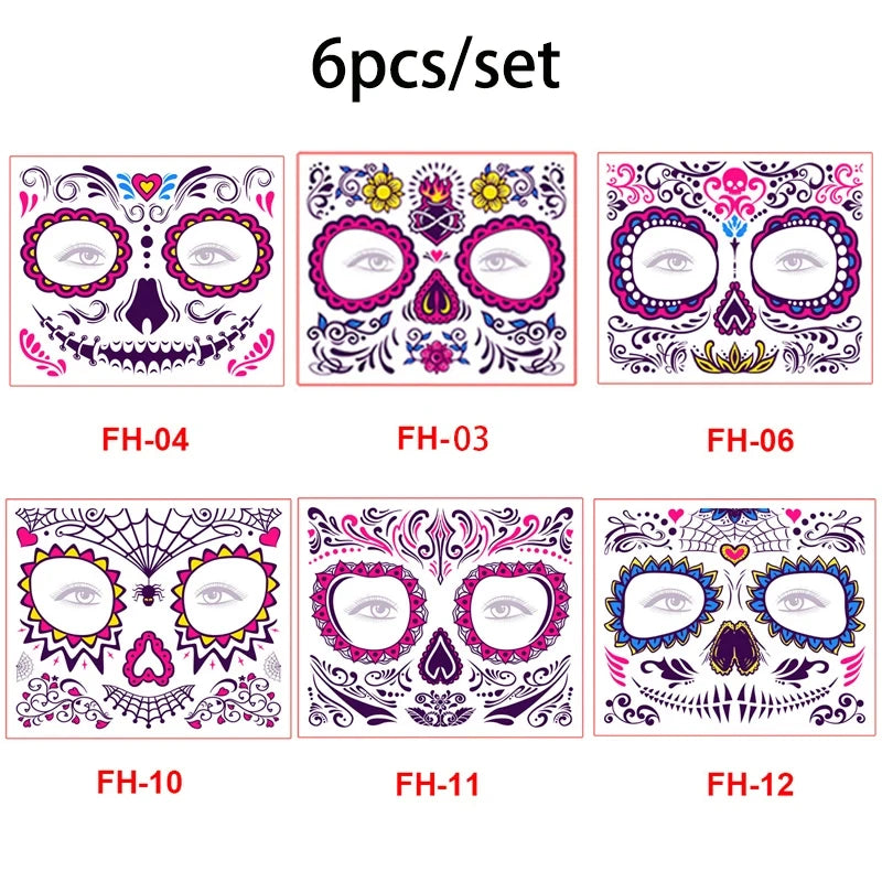 Day of the Dead Halloween Tattoo Fluorescent Waterproof Temporary Face Stickers Makeup Tattoo Dress Up Decoration Party Festival Zpaxo