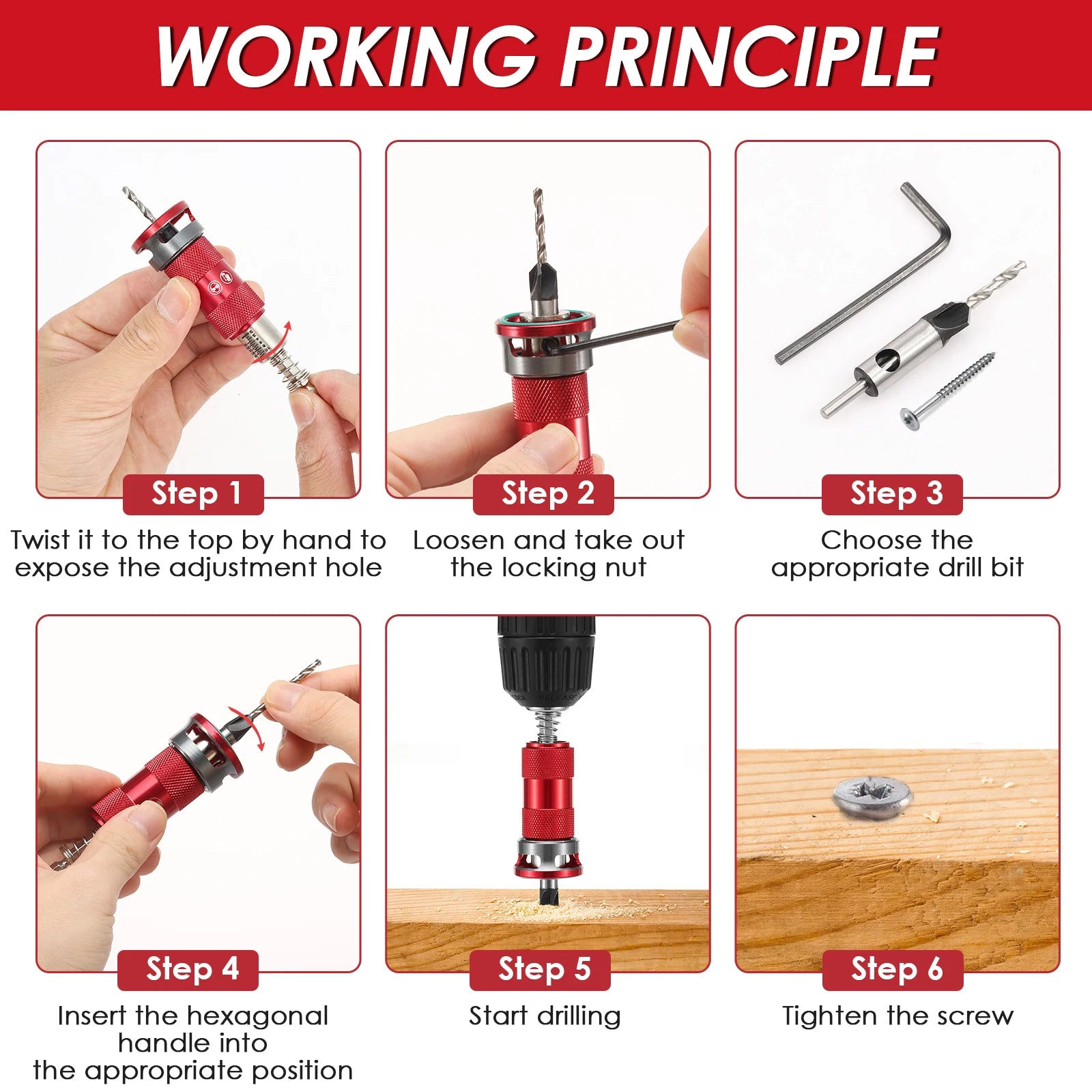 Premium Countersink Drill Set w/ Tool-Free Dial & Aluminum Alloy Stop Collar 2-Flute Steel Depth Adjustment for Woodworking, Fur Zpaxo