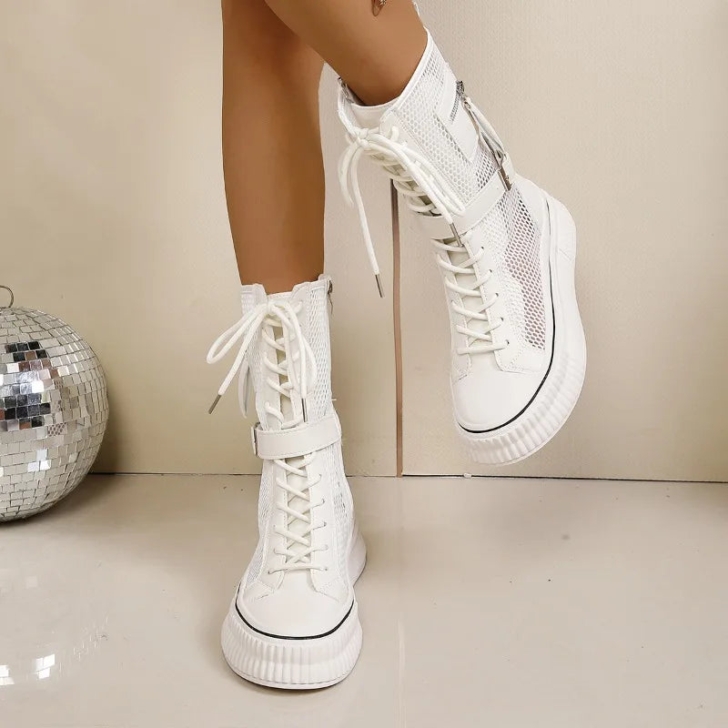 Women's Round Closed Toe Mesh Fabric Breathable Solid Mid Heel Zpaxo