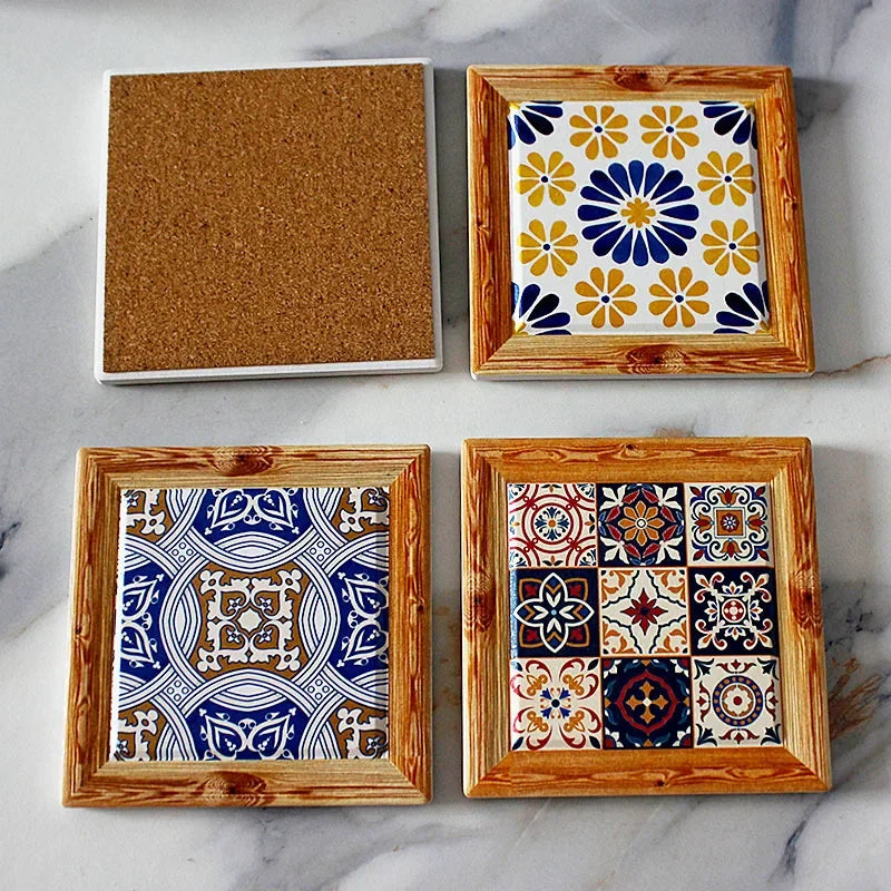 Bohemian Ceramic Cork Coaster – Vintage Floral Tile Coffee Mat Ceramic Cork Coaster Zpaxo