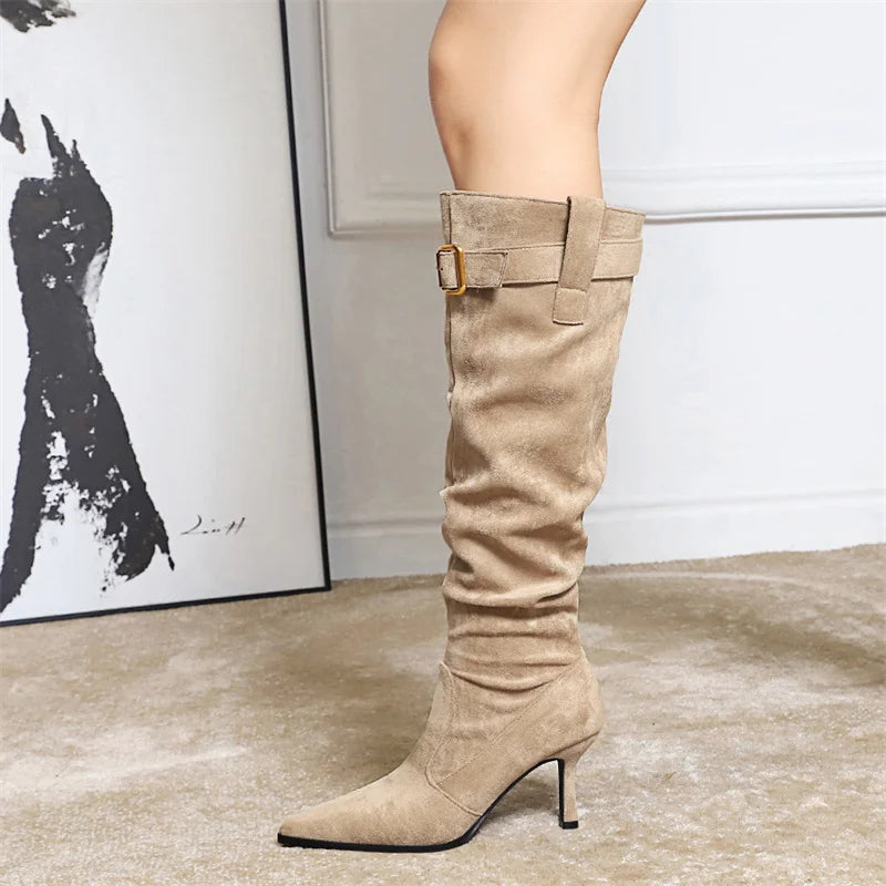 Winter Pointed Toe Thin Heel Slim Boots Women Stacked Belt Buckle Zpaxo
