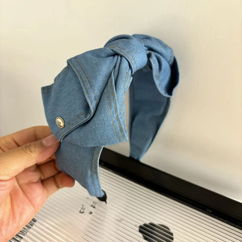 Light Luxury Denim Knotted Headband Anti-Slip Ins Bow Hairband Simple Wide-Brimmed Hair Hoop Women's Hair Accessories Zpaxo