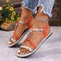 2026 Women Sandals Summer Plus Size Elastic Strap Sandals Woven Color Block Beaded Floral Shoes Designer Casual Beach Wear Shoes Zpaxo Orange 37
