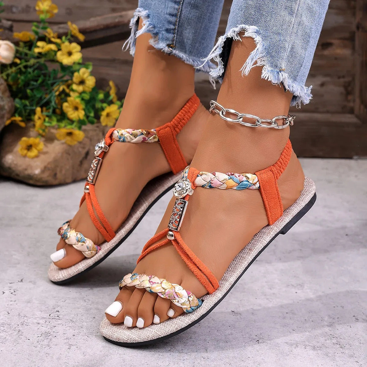 2026 Women Sandals Summer Plus Size Elastic Strap Sandals Woven Color Block Beaded Floral Shoes Designer Casual Beach Wear Shoes Zpaxo Orange 37